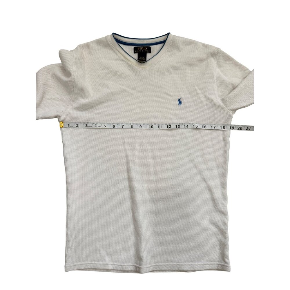 Polo Ralph Lauren Mens Thermal Shirt Long Sleeve V-Neck White Blue Logo Size M - Picture 5 of 6